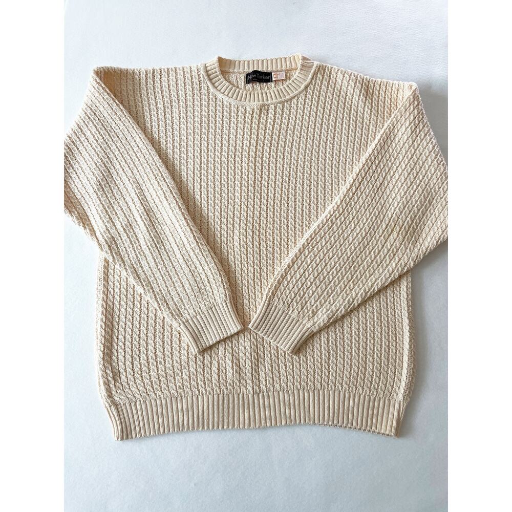 New Yorker Sweater Men M Cream Cotton Cable Knit Crew Neck Pullover Made In USA